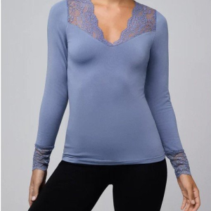 T-shirt termica blu a manica lunga con dettaglio in pizzo